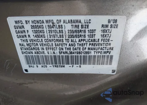 2009 Honda Odyssey Ex z USA, uszkodzony, nr VIN 5FNRL38419B012891